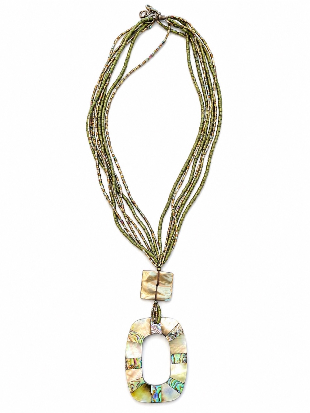 Chico's Multistrand Green Beaded Necklace with Abalone Pendant